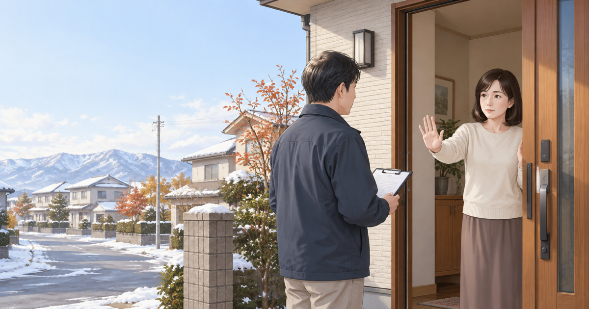 玄関先の訪問営業を落ち着いて断る住人のイメージ